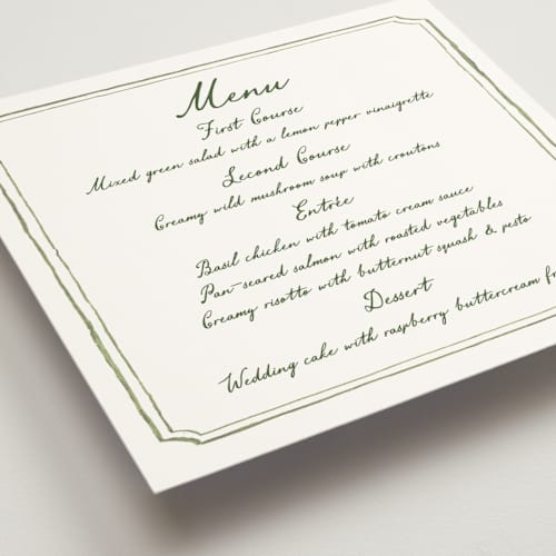 This is a moss menu cards with standard by Cass Loh called handwritten printing on signature in 5x5