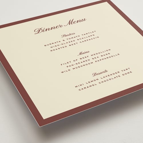 This is a burgundy menu cards with standard by Ellen Schlegelmilch called palermo printing on signature in standard
