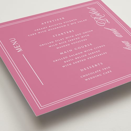 This is a blush menu cards with standard by Sherley Ferreira called aurora printing on signature in standard