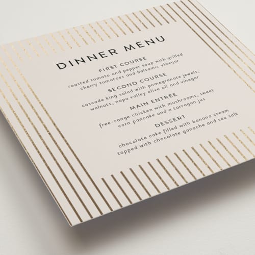 This is a cream menu cards with foil pressed by Simona Camp called striped square printing on signature in standard
