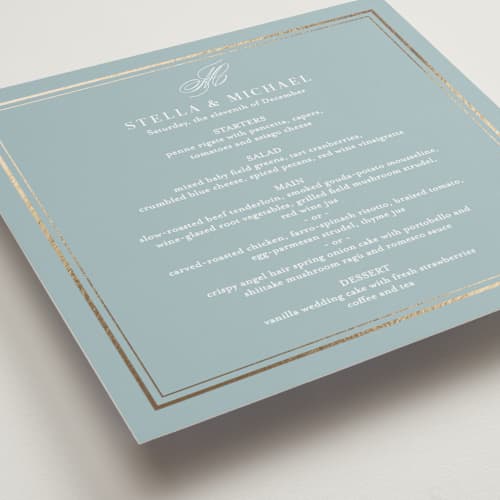 This is a powder blue menu cards with foil pressed by Jennifer Postorino called polished printing on signature in 5x5