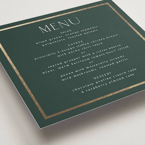 This is a evergreen menu cards with foil pressed by Nicole Walsh called regal printing on signature in 5x5