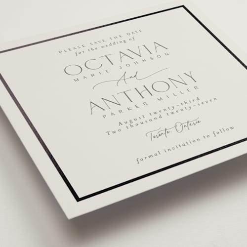 This is a sandstone foil stamped save the date cards with foil pressed by Nicole Walsh called regal printing on signature in square