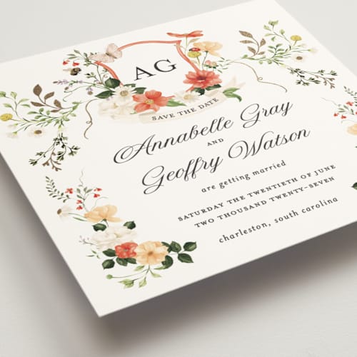 This is a verona sunset foil stamped save the date cards with foil pressed by Sarah Knight called fleur printing on signature in square