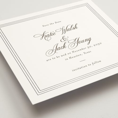 This is a espresso foil stamped save the date cards with foil pressed by Megan Davis called coquille printing on signature in standard