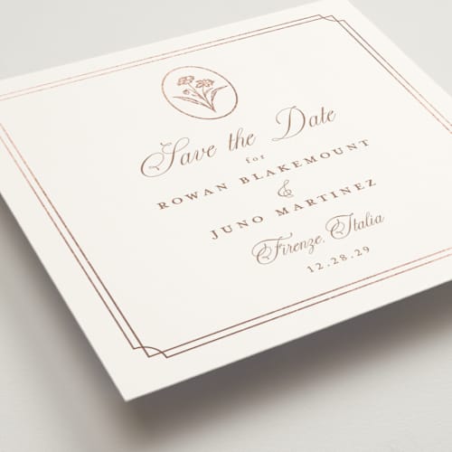 This is a rose foil stamped save the date cards with foil pressed by chocomocacino called fleu-de-sel printing on signature in standard