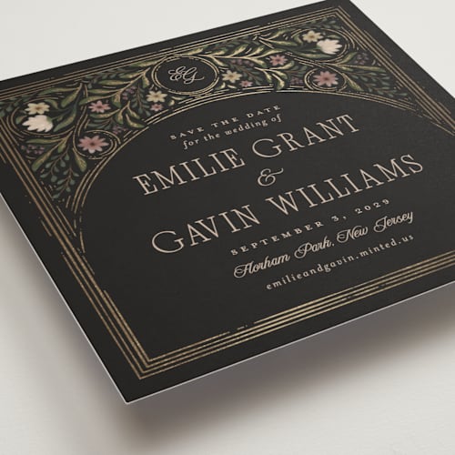 This is a noir foil stamped save the date cards with foil pressed by Randi Cirelli called emilie printing on signature in standard