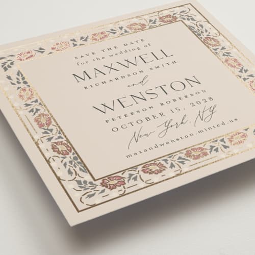 This is a champagne foil stamped save the date cards with foil pressed by Ana de Sousa called timeless nature printing on signature in square