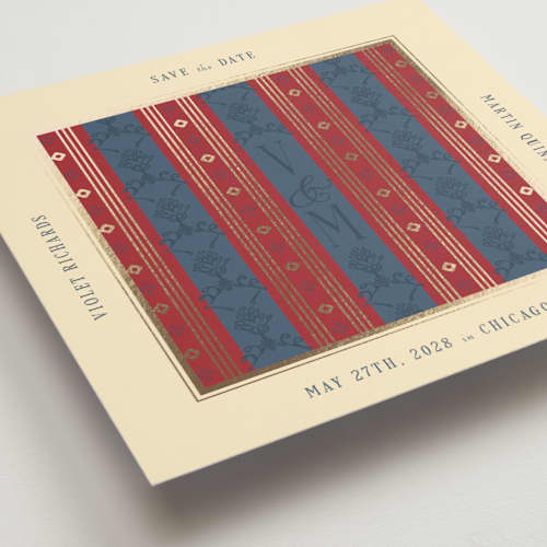This is a navy foil stamped save the date cards with foil pressed by Baumbirdy called woven printing on signature in square