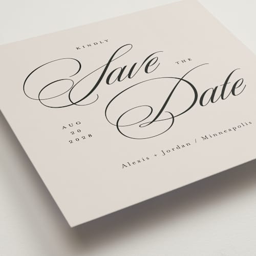 This is a vanilla save the date with standard by Michelle Taylor called square script printing on signature in square