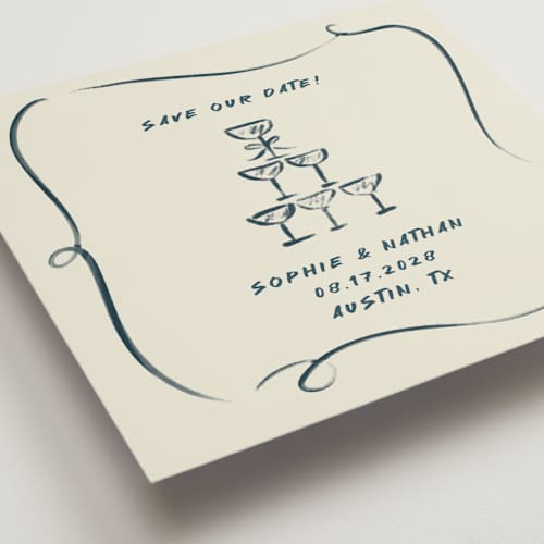 This is a champagne save the date with standard by Adelyn T. called champagne bow printing on signature in square