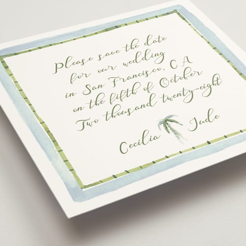 This is a celeste save the date with standard by Pati Cascino called alento printing on signature in square