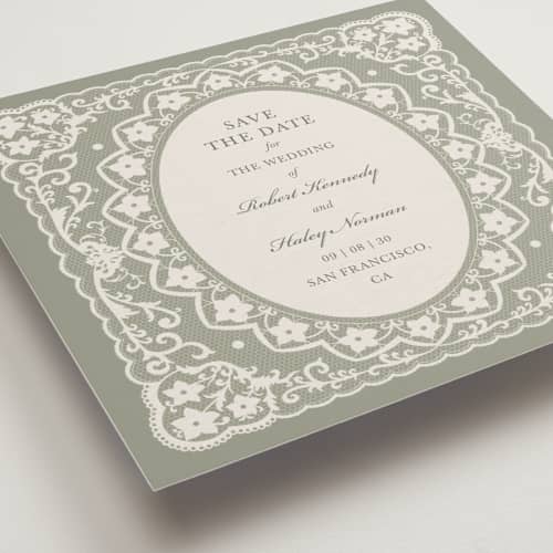 This is a sage save the date with standard by Zove Ahhh called written in romance printing on signature in standard