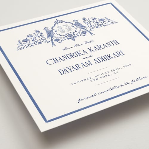 This is a cobalt save the date with standard by Jenna Holcomb called tapestry printing on signature in square
