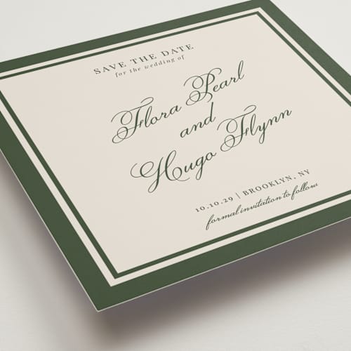 This is a evergreen save the date with standard by Kelly Watkins called emerson printing on signature in standard