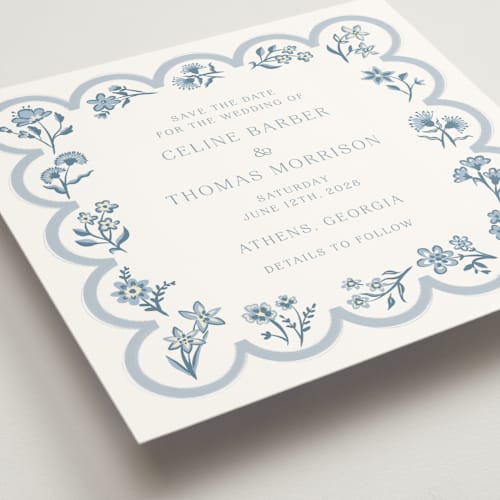 This is a bluebell save the date with standard by Hannah Bowman called petite jolie printing on signature in square