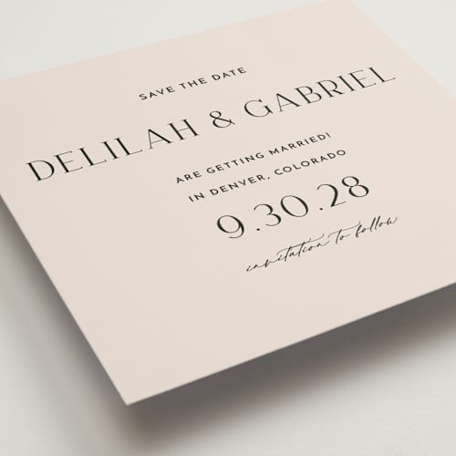 This is a pearl save the date with standard by Vanessa Doyle called trendsetter printing on signature in square