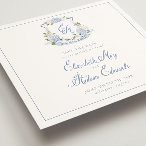 This is a periwinkle save the date with standard by Design Lotus called sweethearts printing on signature in square