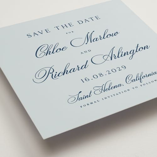 This is a sky save the date with standard by Kelly Schmidt called landscape script printing on signature in standard