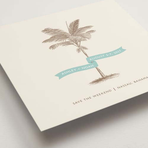 This is a ocean save the date with standard by Lauren Chism called palm printing on signature in square