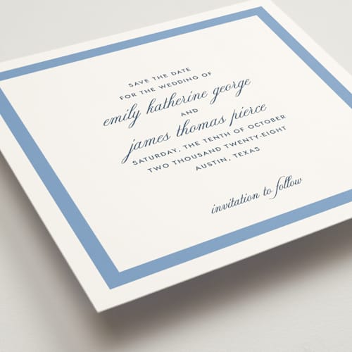 This is a blue bell save the date with standard by Megan Davis called montauk printing on signature in square