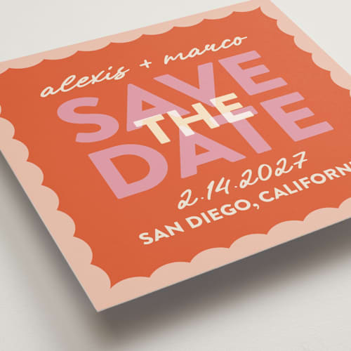 This is a peach save the date with standard by Carolyn Hunt called save the scallops printing on signature in square
