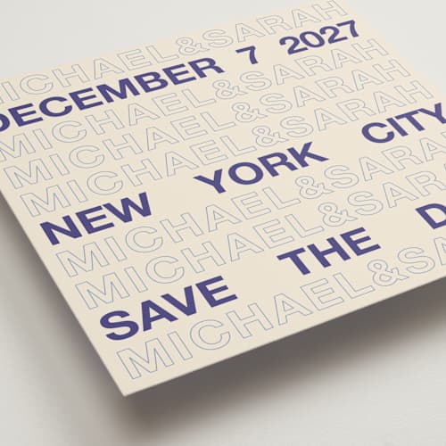 This is a cream save the date with standard by Cleghorn Creative called be there or be square printing on signature in square