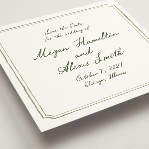 This is a moss save the date with standard by Cass Loh called handwritten printing on signature in square