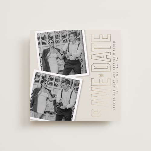 This is a cream foil stamped save the date cards with foil pressed by Ilene Guy called simple squares printing on recycled smooth signature in square