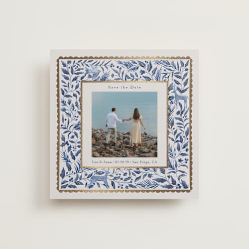 This is a porcelain foil stamped save the date cards with foil pressed by Elly called peaceful printing on recycled smooth signature in standard