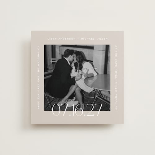 This is a latte save the date with standard by Camille Robinson called square frame text printing on recycled smooth signature in square