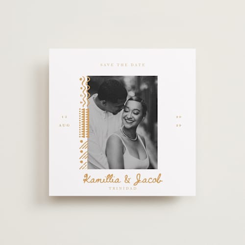 This is a amber save the date with standard by Selima Akhter called tribal rythm printing on recycled smooth signature in standard