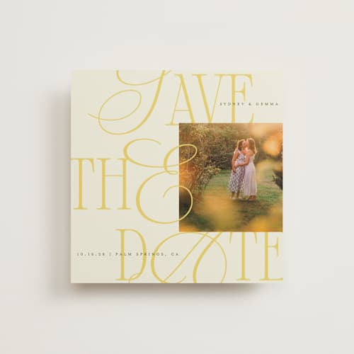 This is a island citrus save the date with standard by Morgan Kendall called bloom printing on recycled smooth signature in standard