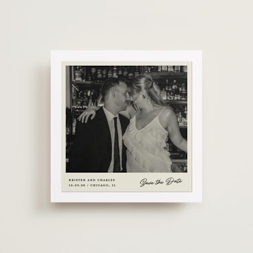 This is a chiffon save the date with standard by Creo Study called modern snapshot printing on recycled smooth signature in square