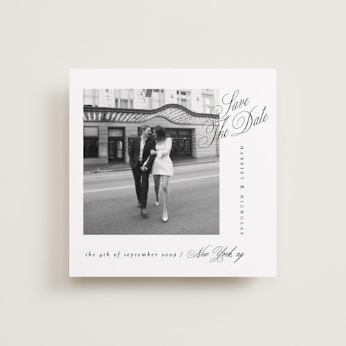 This is a noir slate save the date with standard by Ana de Sousa called written with love printing on recycled smooth signature in standard