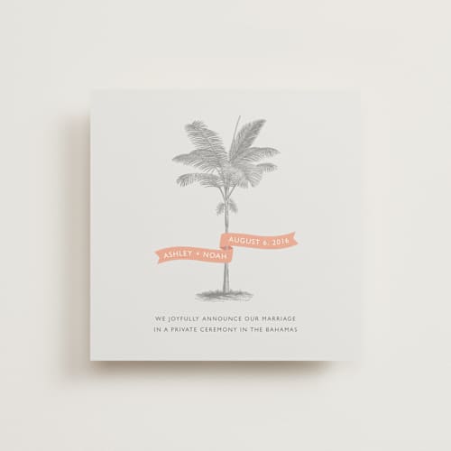 This is a salmon wedding announcements with standard by Lauren Chism called palm printing on signature in standard