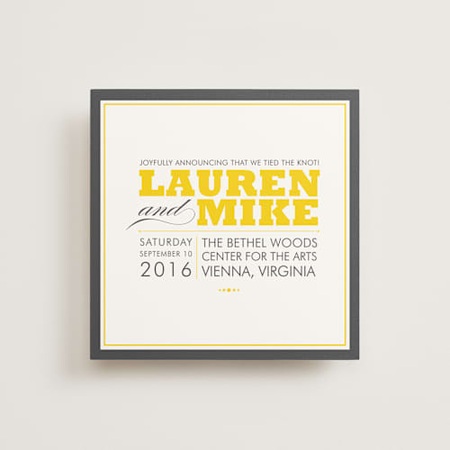 This is a golden yellow wedding announcements with standard by Ariel Rutland called cocktail hour printing on signature in standard