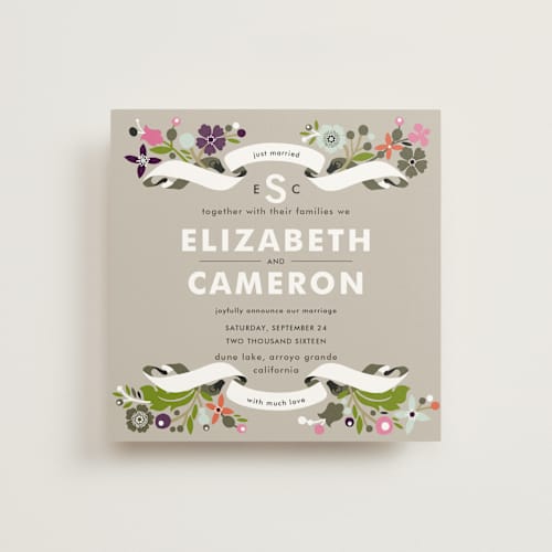 This is a soft beige wedding announcements with standard by Alethea and Ruth called banner and branches printing on signature in standard
