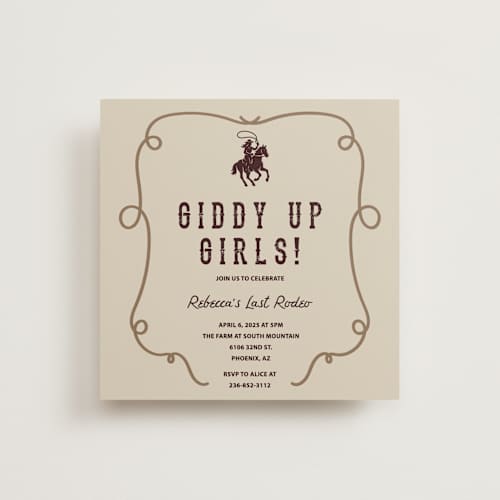 This is a champagne bachelorette party invitations with standard by Sherley Ferreira called giddy up, y'all! printing on signature in standard