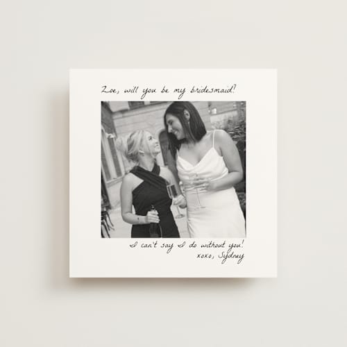 This is a snow will you be my bridesmaid cards with standard by Brittney Jensen called polaroid printing on signature in standard
