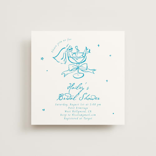 This is a sky blue bridal shower invitations with standard by Cass Loh called cheers to love printing on signature in standard