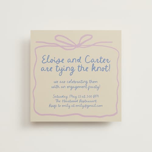 This is a lilac engagement party invitations with standard by Stephanie Heinrich Godbout called pastel bow printing on signature in standard