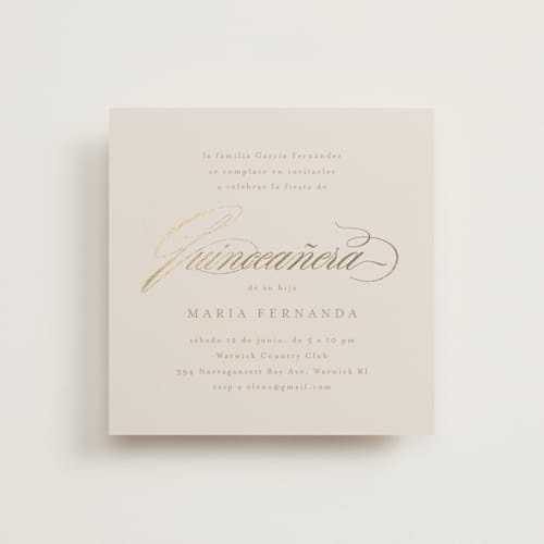 This is a cream quinceanera invitations with foil pressed by Tamara Hilje called gilded printing on signature in standard