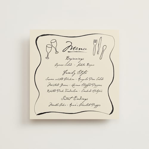 This is a vanilla menu cards with standard by Stacy Maalouf called handwritten family style printing on signature in standard