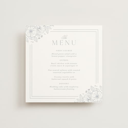 This is a powder blue menu cards with standard by Kristen Smith called wild roses printing on signature in 5x5