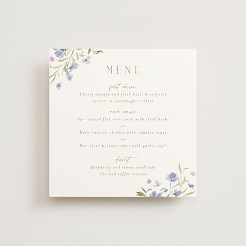 This is a wisteria menu cards with standard by Everett Paper Goods called sweeping meadow printing on signature in 5x5