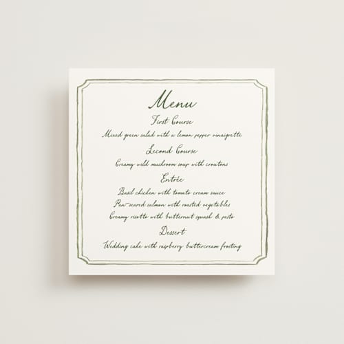 This is a moss menu cards with standard by Cass Loh called handwritten printing on signature in 5x5