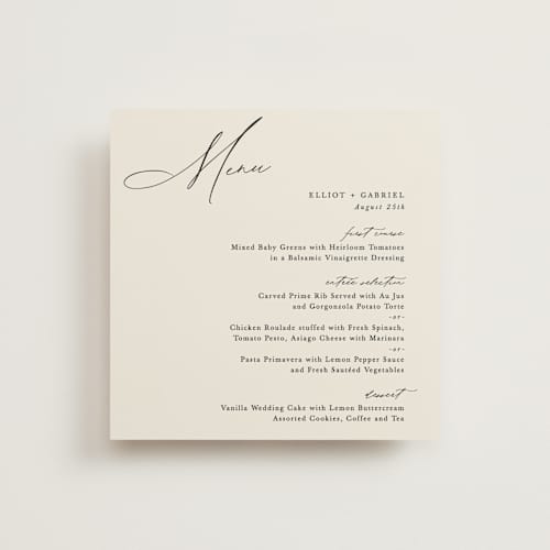 This is a ecru menu cards with standard by Hooray Creative called scripted names printing on signature in 5x5