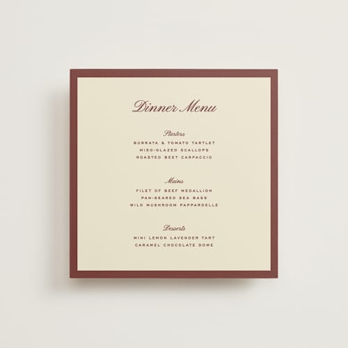 This is a burgundy menu cards with standard by Ellen Schlegelmilch called palermo printing on signature in standard