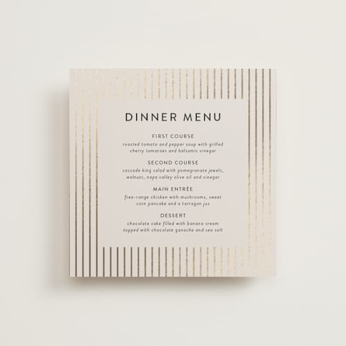 This is a cream menu cards with foil pressed by Simona Camp called striped square printing on signature in standard